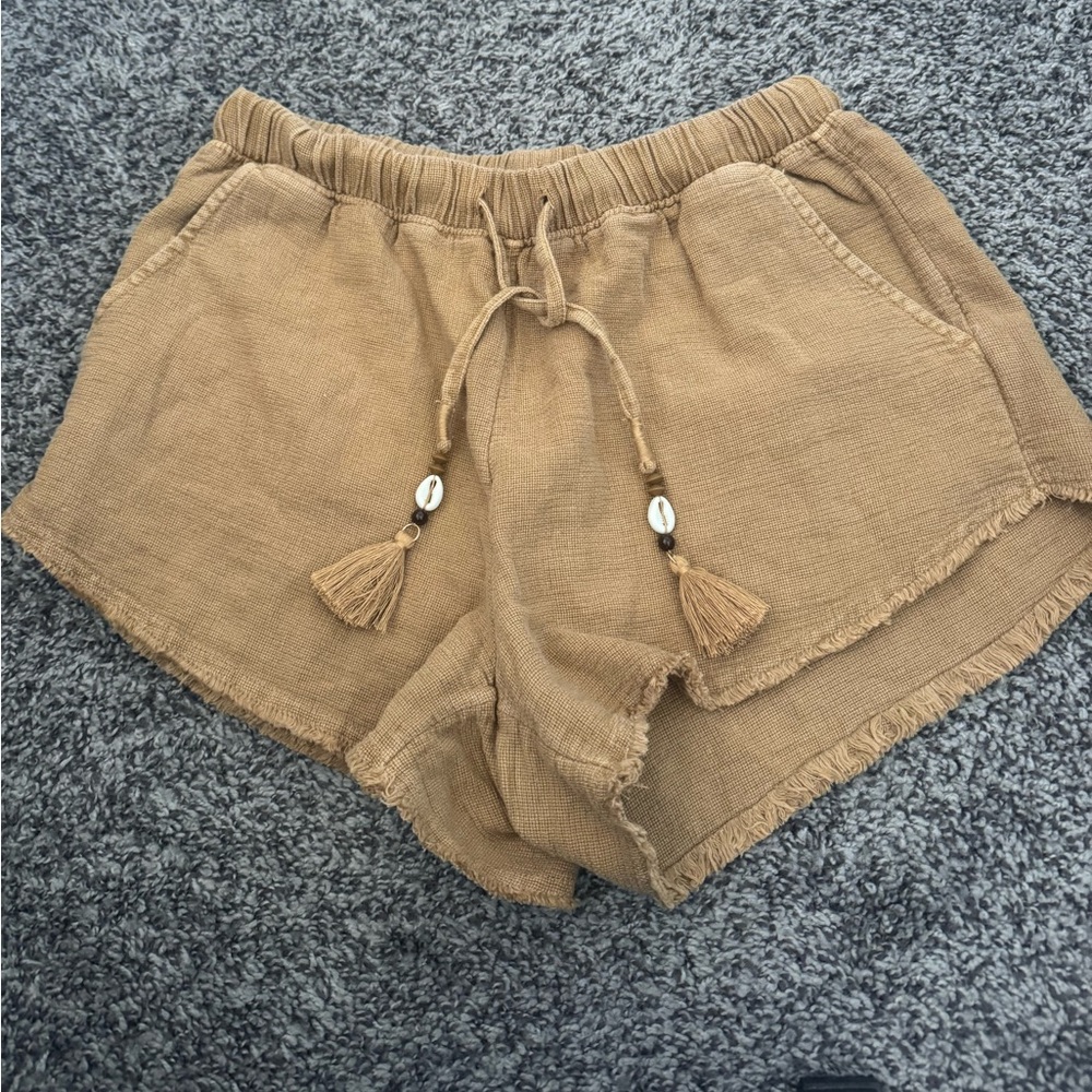Beachy pull on shorts with shell tie tassles